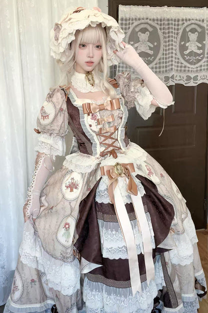 Brown [baker Street Tea Party] Short Sleeves High Waisted Print Ruffle Embroidery Cardigan Bowknot Lace-up Classic Princess Lolita Dress