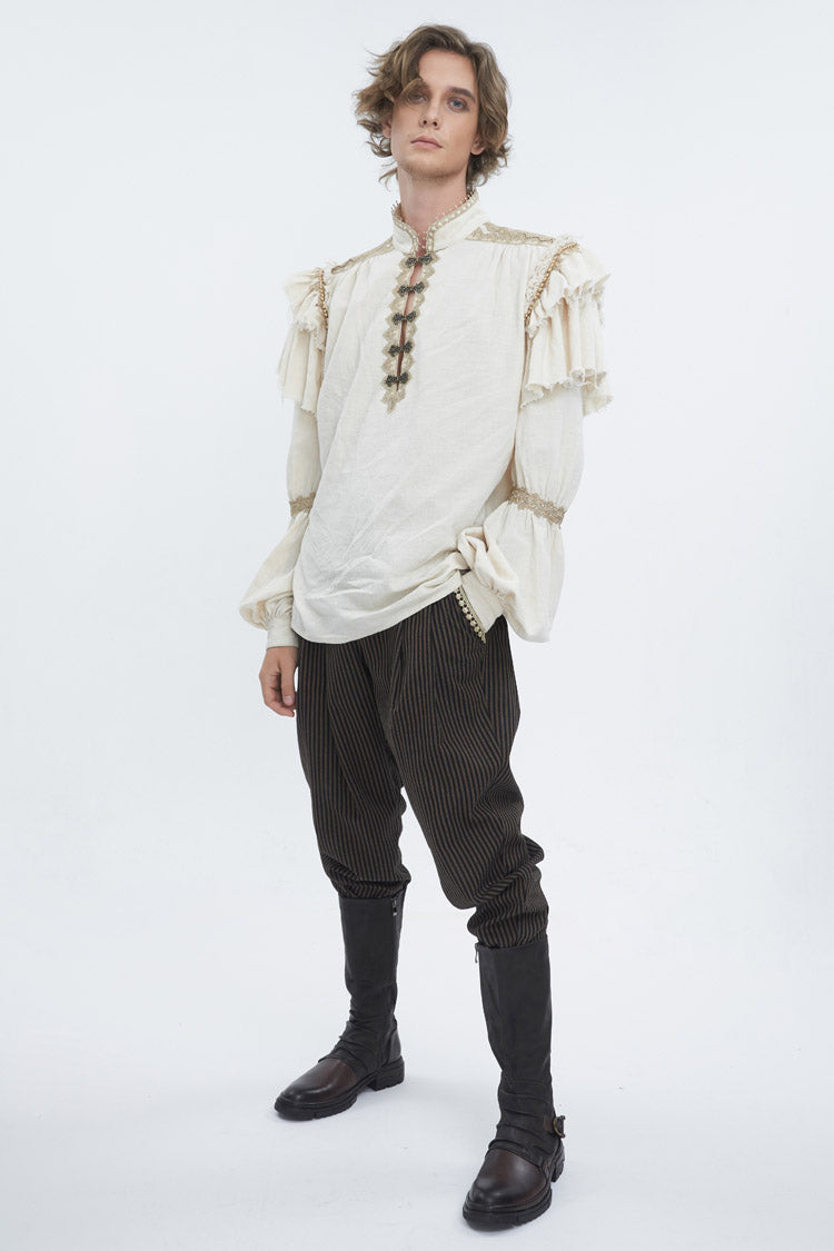 Beige Stand Collar Lantern Sleeves Multi-layer Ruffle Gothic Blouse