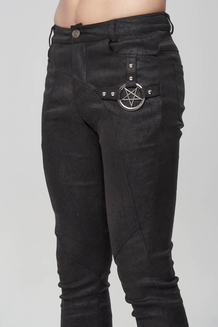 Black Basic Funds Metal Pentagram Crackle Punk Slim Pants