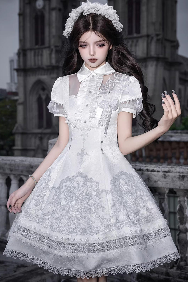 White Lapel Collar Short Sleeves Printed Ruffled Lace Classic Gothic Lolita Dress