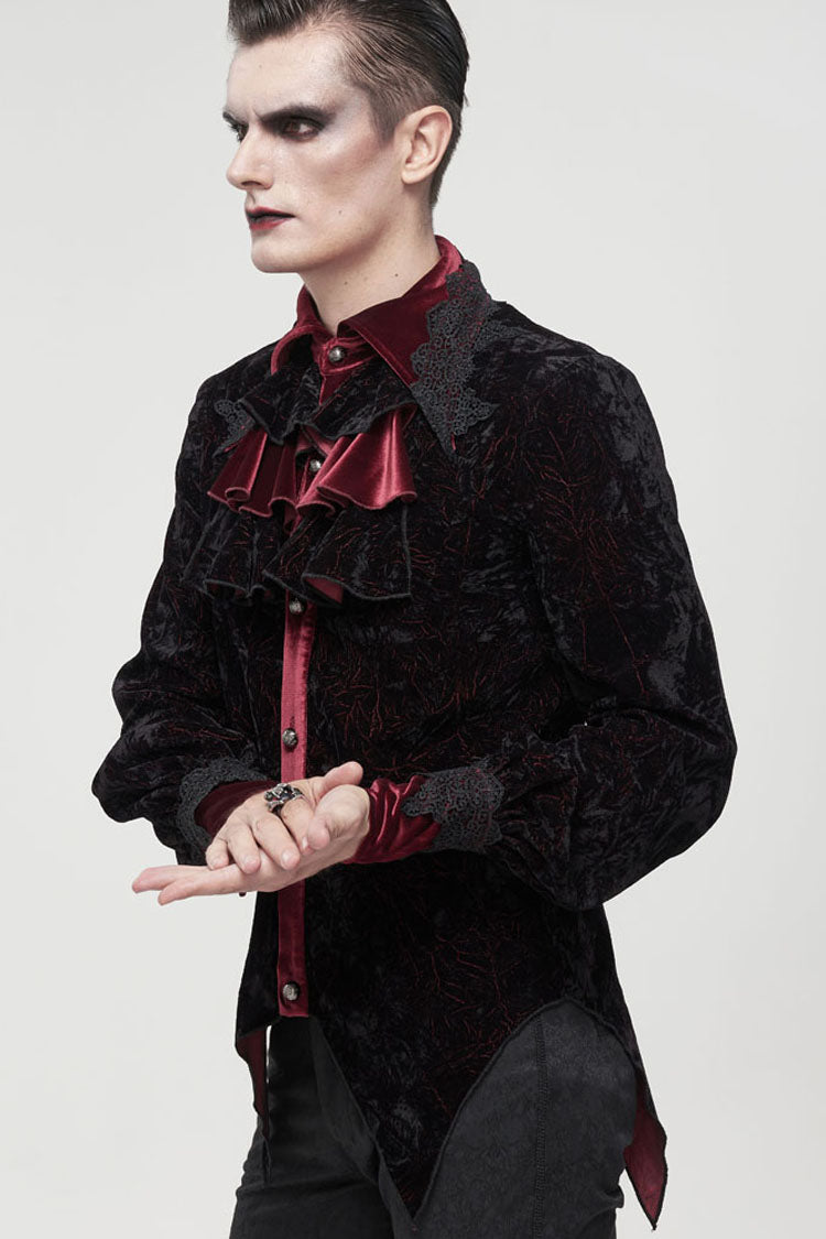 Black/red Gothic Lace Stand Collar Ruffle Lantern Sleeves Velvet Crack Shirt