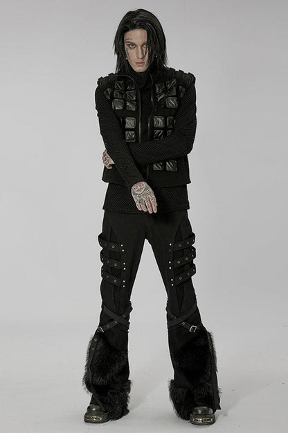 Black Punk High Collar Front Geometric Patterns Splicing Design Shoulder Padded Webbing Buckle Twill Vest