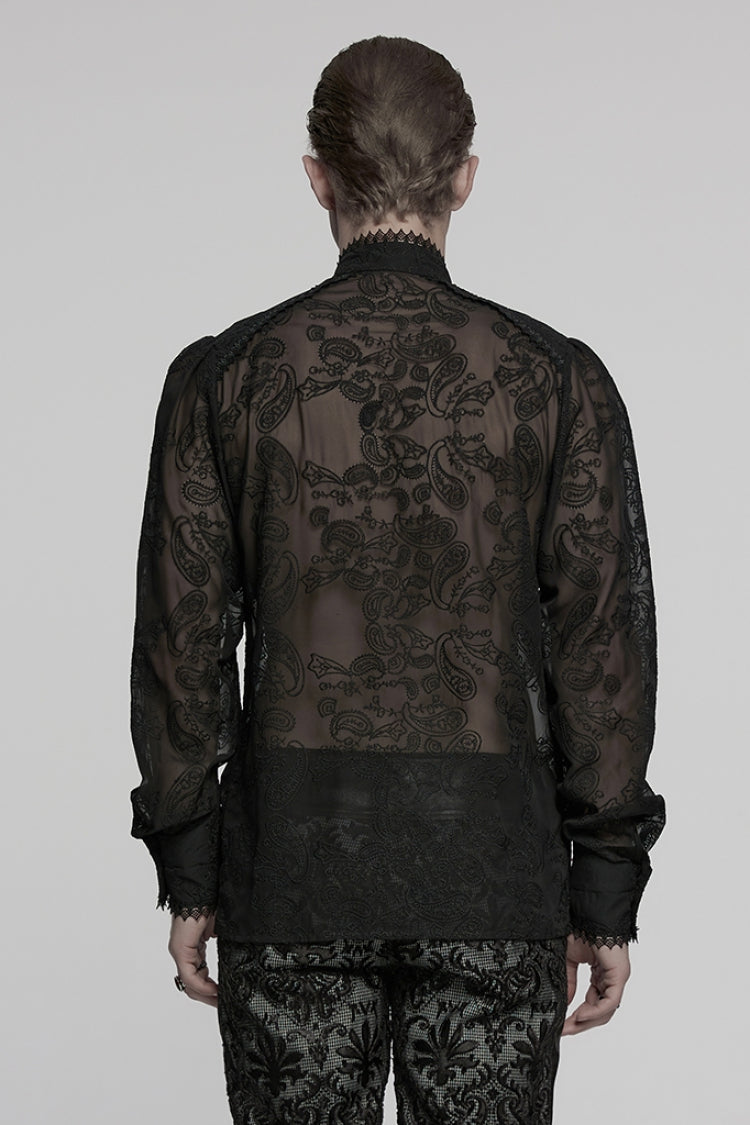 Black Stand Collar Chiffon Long Sleeves Hollow Embroidery Gothic Blouse