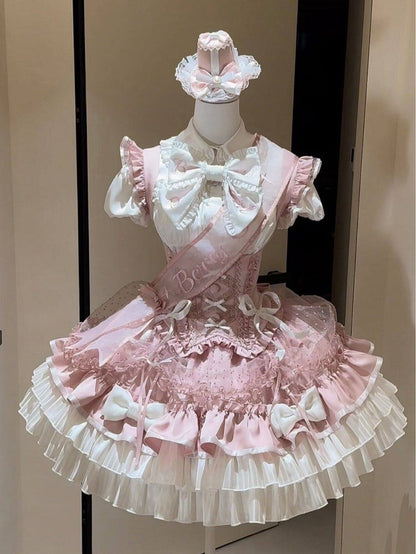 [order Deadline: May 12] Pink White Sweet Lolita Idol Ribbon Puff Sleeve Shirt + Corset Tulle Pull-up Jks Dress Set