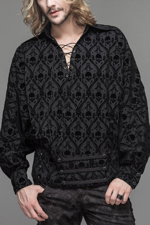 Black Lace Up Neckline Skull Printed Gothic Blouse