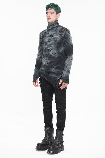 Grey/black Lrregular Ripped Stand Collar Punk Shirt