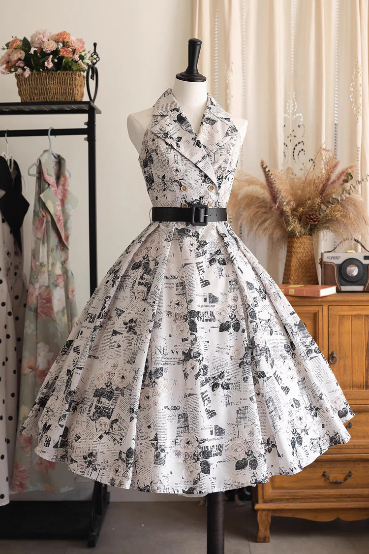[afternoon Forest] French Audrey Hepburn Style V Collar Sleeveless Printed Classic Lolita Dress 3 Colors