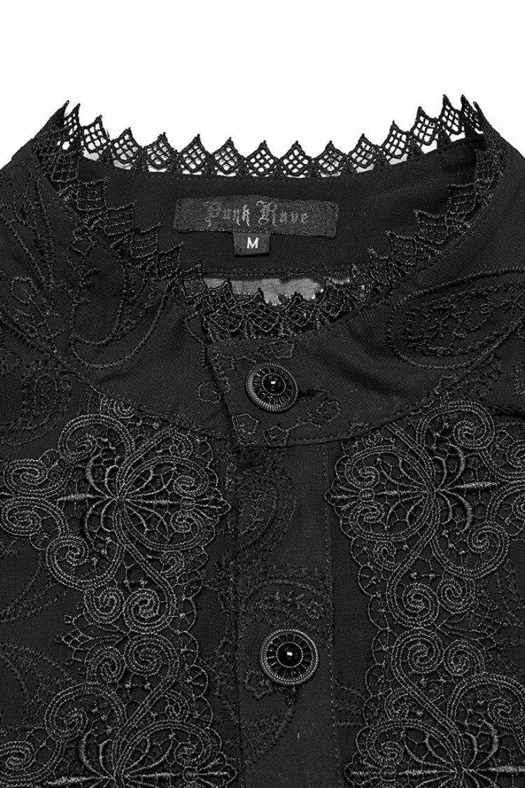 Black Stand Collar Chiffon Long Sleeves Hollow Embroidery Gothic Blouse