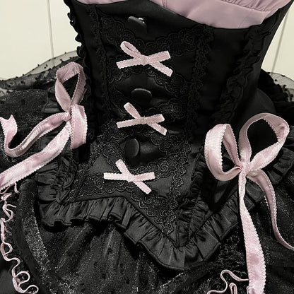 [order Deadline: May 12] Black Purple Lolita Idol Ribbon Puff Sleeve Shirt + Corset Tulle Pull-up Jks Dress Set