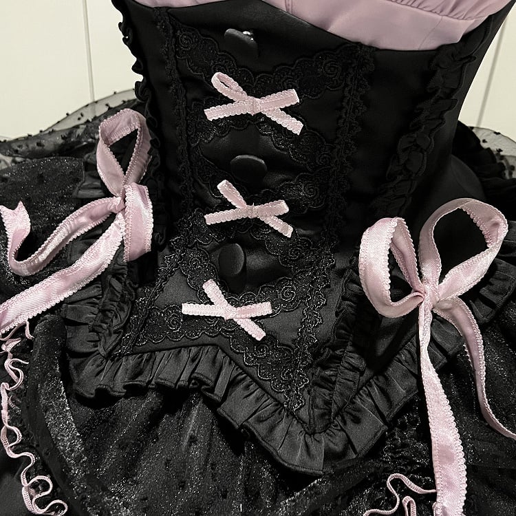 [order Deadline: May 12] Black Purple Lolita Idol Ribbon Puff Sleeve Shirt + Corset Tulle Pull-up Jks Dress Set
