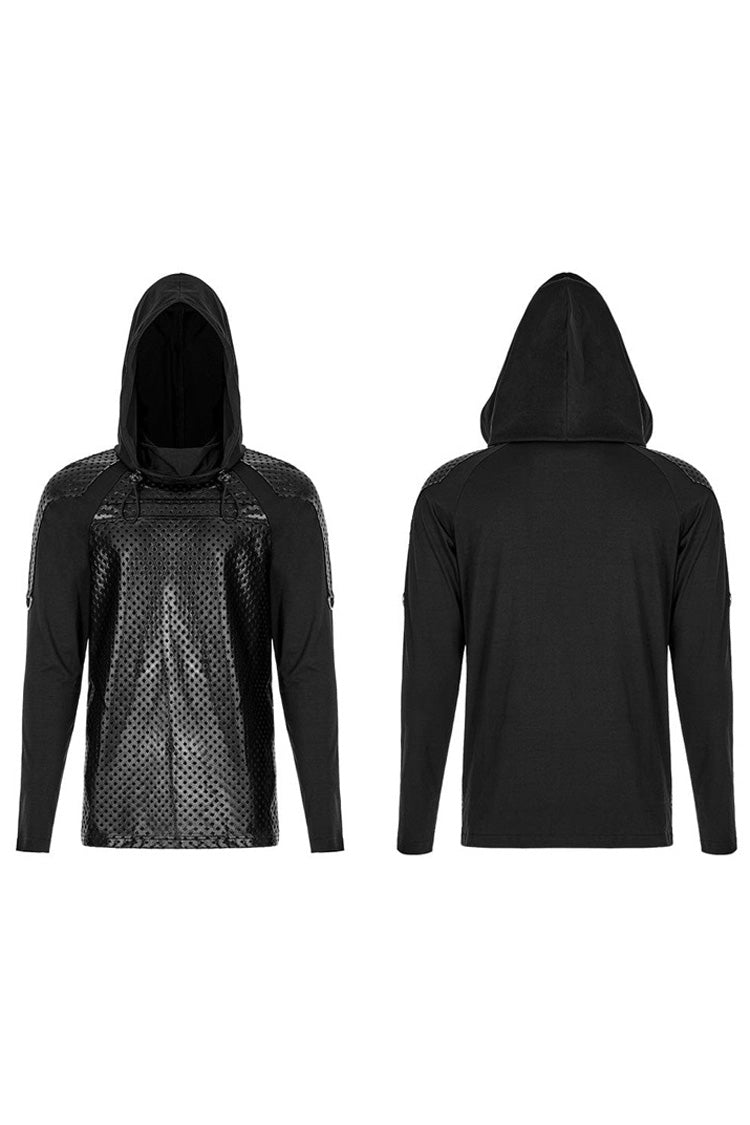 Black Punk Turtleneck Stretch Knit Panel Cutout Drawstring Hooded T-shirt