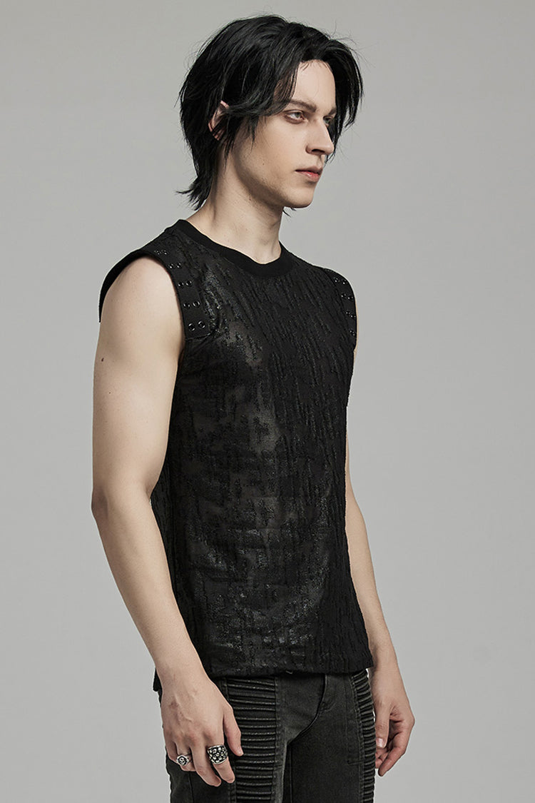Black Round Collar Sleeveless Print Ripped Distressed Eyelet Gothic Tank Top