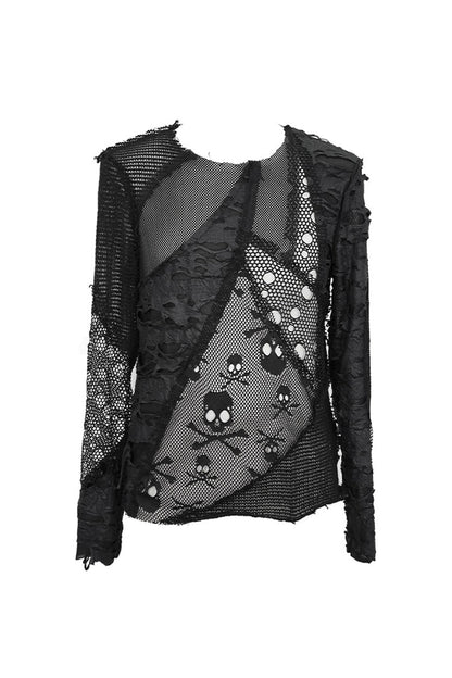 Black a Variety of Mesh Materials Stitching Unedged Broken Holes Round Collar Punk T-shirt