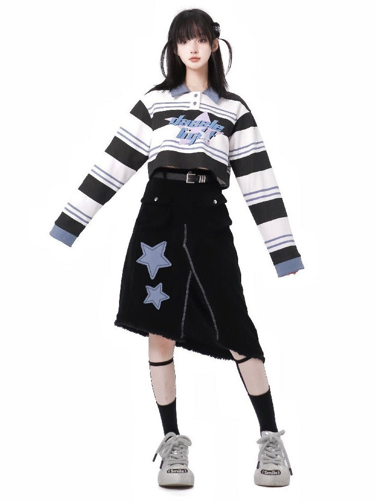 Star Striped Top + Asymmetric Skirt + Loose Long Pants