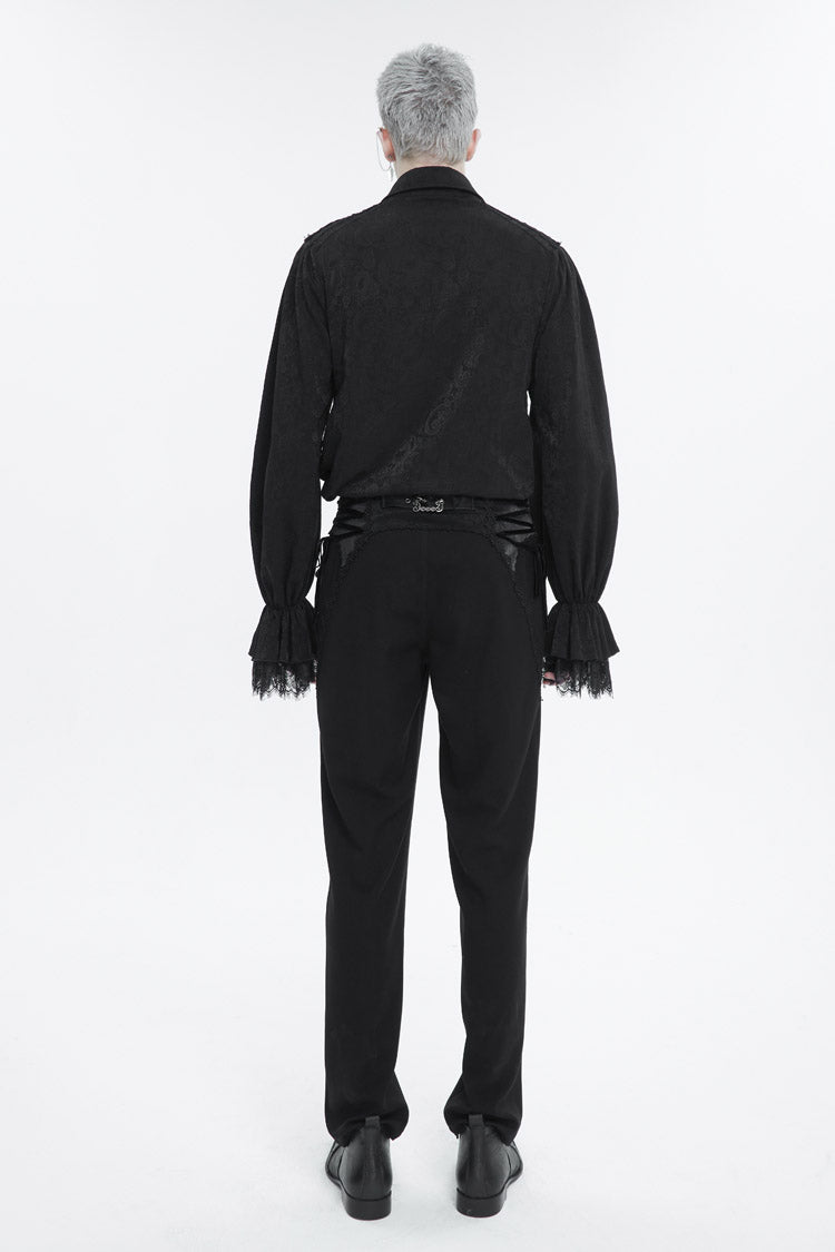 Black Lapel Collar Puff Sleeved Lace Hem Gothic Shirt