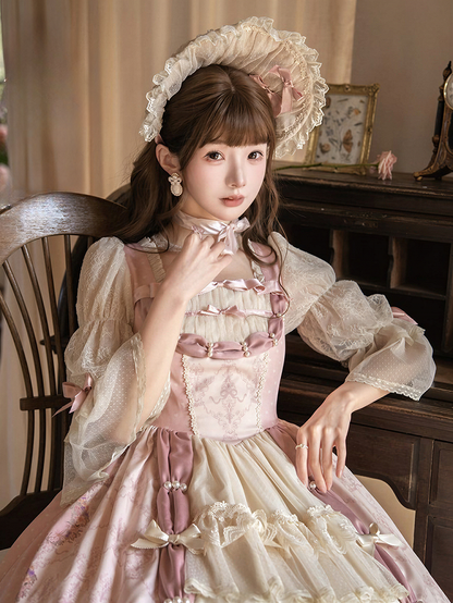 [pre-order Deadline: April 26] Rococo Antique Lace Tiered Ribbon Pink Lolita Dress + Bonnet