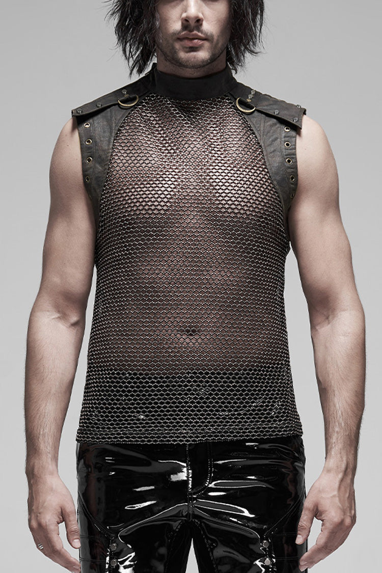 High Collar Sleeveless Rivet Decoration Sheer Mesh Steampunk Vest 2 Colors