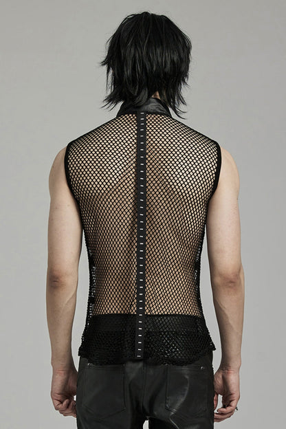 Black Stand Collar Sleeveless Straps Mesh Buckle Punk Vest