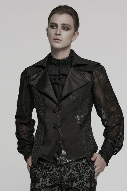 Black Lapel V Collar Long Sleeves Embroidery Gothic Vest