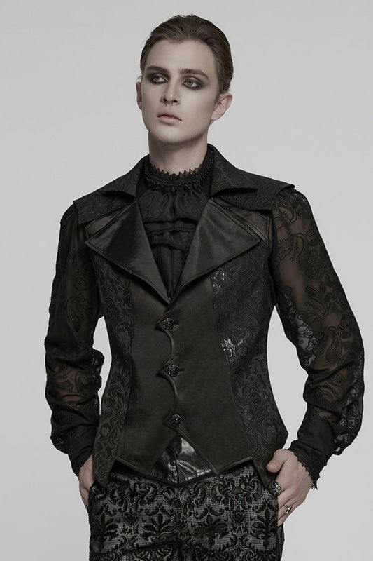 Black Lapel V Collar Long Sleeves Embroidery Gothic Vest