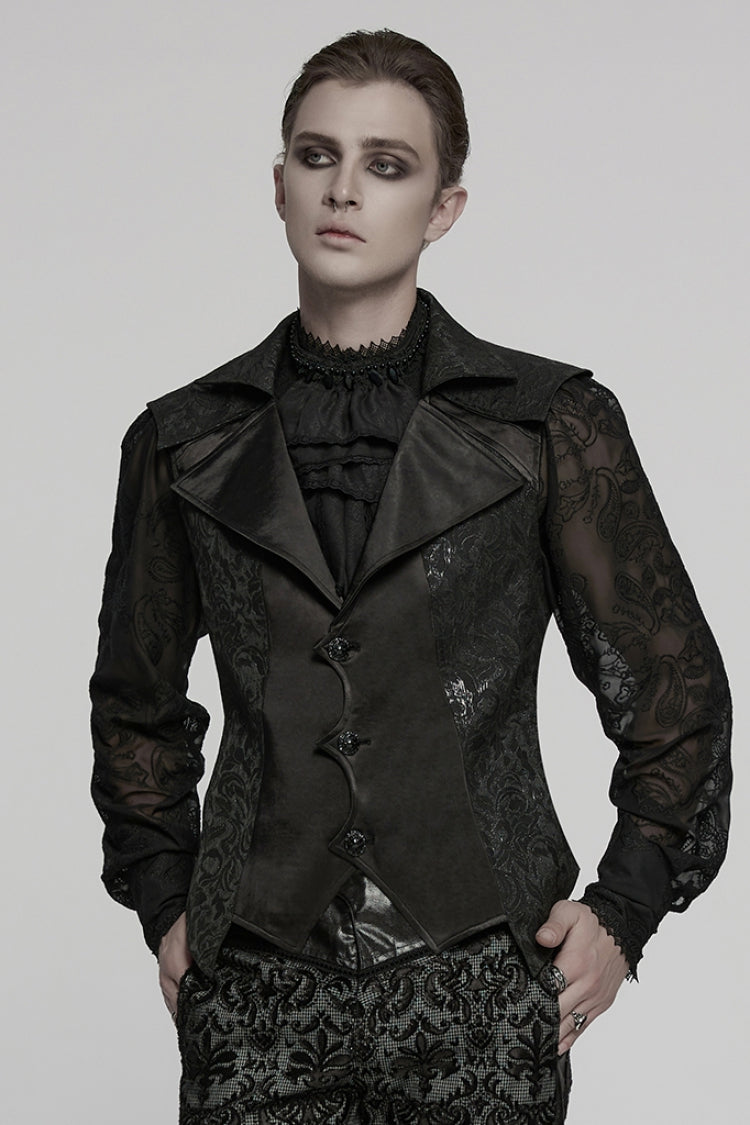 Black Lapel V Collar Long Sleeves Embroidery Gothic Vest