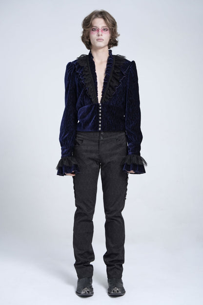 Blue V Collar Long Sleeves Ruffle Stitching Lace Gothic Blouse