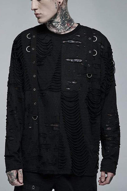 Black Gothic Broken Holes Knitted Fabric Stitching Metal Buckle Detachable Decorative Tape Long Sleeve T-shirt