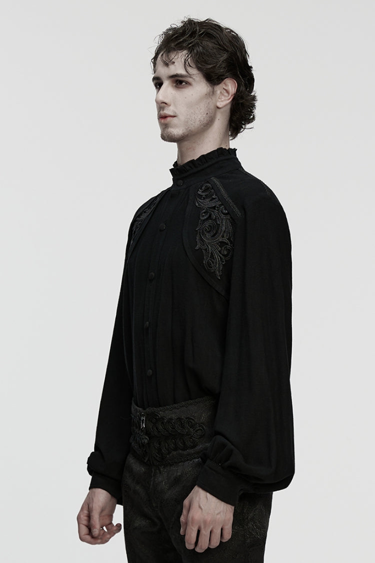 Black Stand Collar Long Lantern Sleeves Jacquard Gothic Blouse