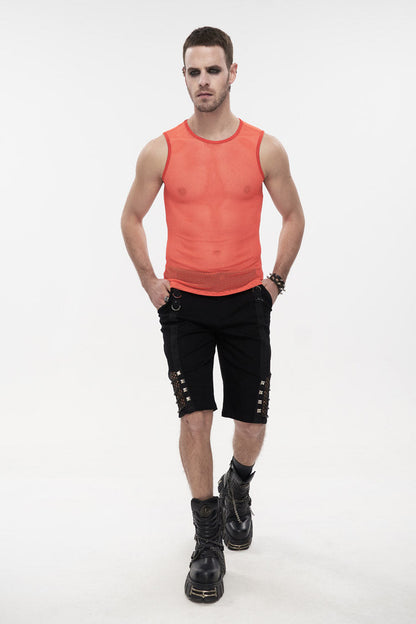 Orange Elasticity Perspective Rhombus Net Yarn Sleeveless Gothic T-shirt