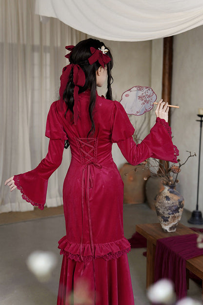 Red Long Sleeves Ruffle Embroidery Bowknot Lace Classic Chinese Style Lolita Dress