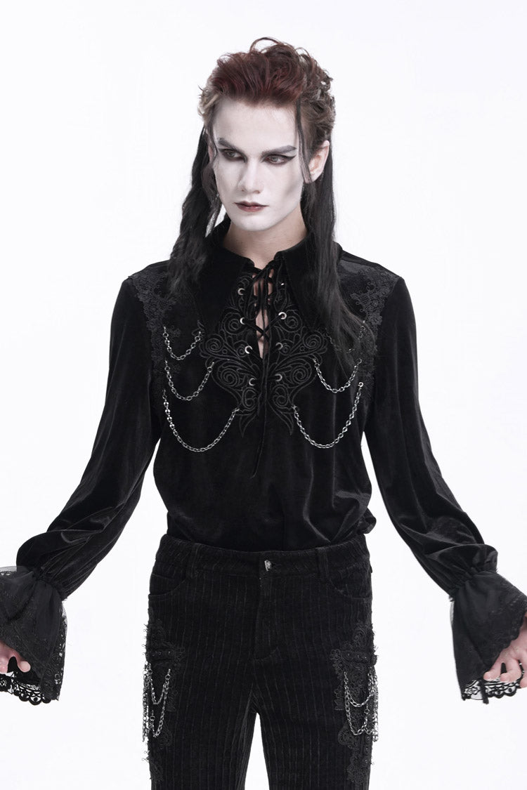 Black V Collar Long Sleeves Lace-up Chain Gothic Blouse