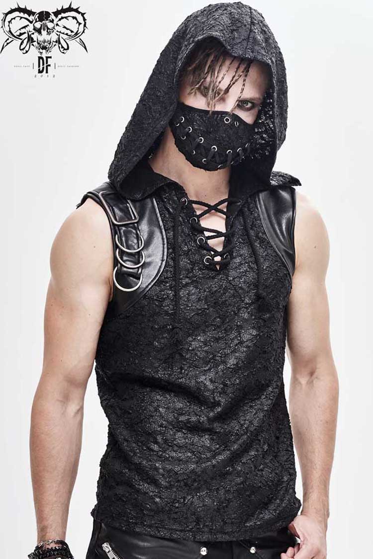 Black Hooded Tattered Chest Lace Up Metal Buckle Knit Punk Vest