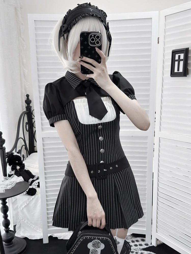 [pre-order Deadline: April 28] Black Pinstripe Tie Collar Short Jacket Dress Full Set + Jewel Casquette