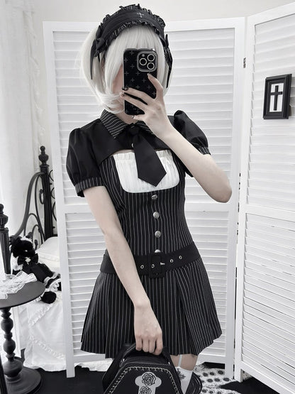 [pre-order Deadline: April 28] Black Pinstripe Tie Collar Short Jacket Dress Full Set + Jewel Casquette
