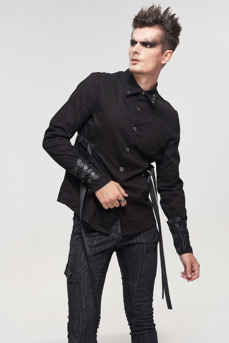Black Nylon Strap Metal Buckle Decoration Long Sleeve Elasticity Punk Shirt