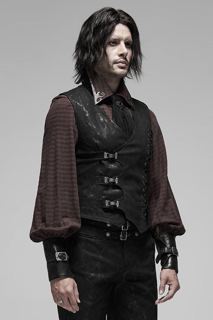 Black V Collar Sleeveless Stripes Buckle Punk Vest