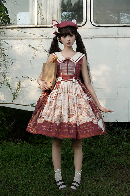 Wine Red [fox Band] Print Square Collar Bowknot Classic Lolita Jumper Dress