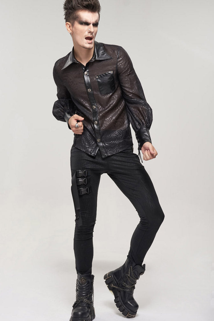Black Punk Vertical Pattern Printing Cuff Drawstring Decoration See-through Shirt