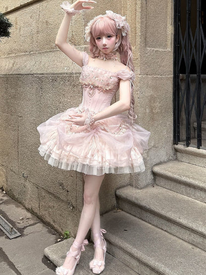 [pre-order Deadline: May 13] Pink Ballet Lolita Lace Ribbon Bustier Corset Top + Pull-up Tulle Tiered Skirt Set + Back Ribbon Train