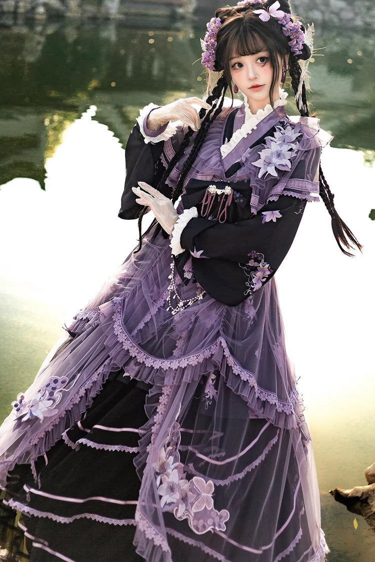 Purple [violet Gauze Lily] Stand Collar Long Sleeves Ruffled Embroidered Bow Classic Chinese Style Lolita Dress Set