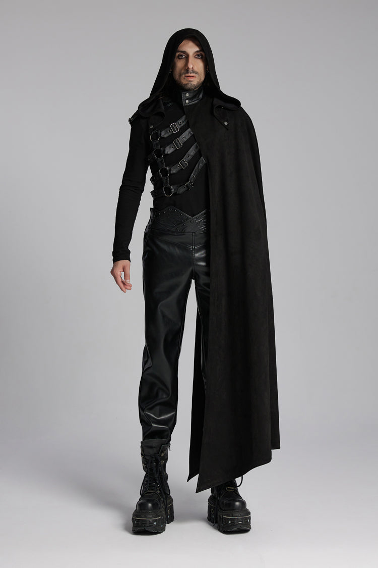 Black Hooded Buckle-up Rivets Punk Cloak
