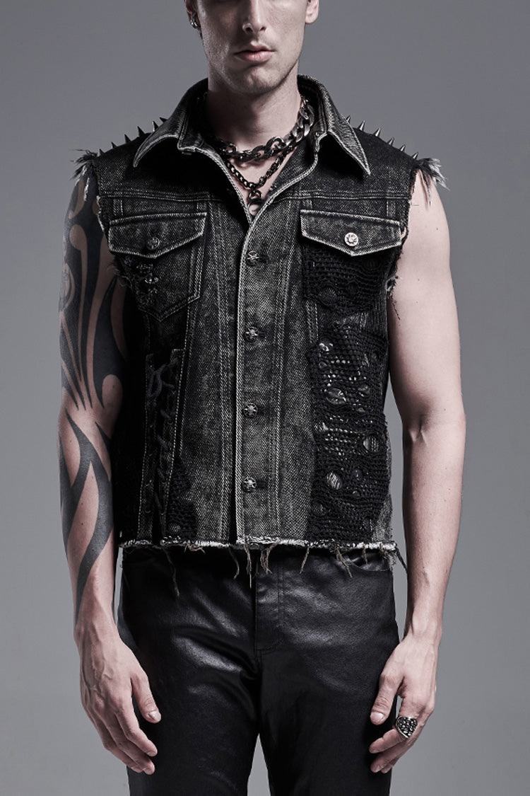 Black Rivets Lapel Collar Sleeveless Steampunk Denim Vest