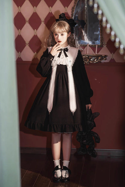 Black Long Sleeves Ruffle Bowknot Classic Gothic Nun Lolita Dress
