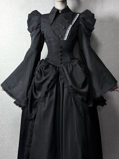 [pre-order Deadline: April 13] Piano Stripe Gothic Lolita Volume Puff Flare Sleeve Shirt Type A/b