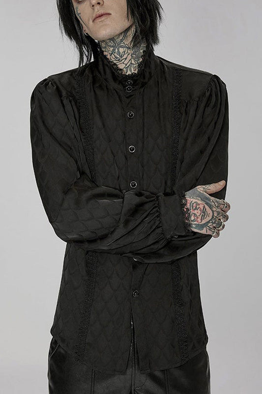 Black Punk Turtleneck Dragon Scale Jacquard Long Lantern Sleeves Lace Edge Shirt