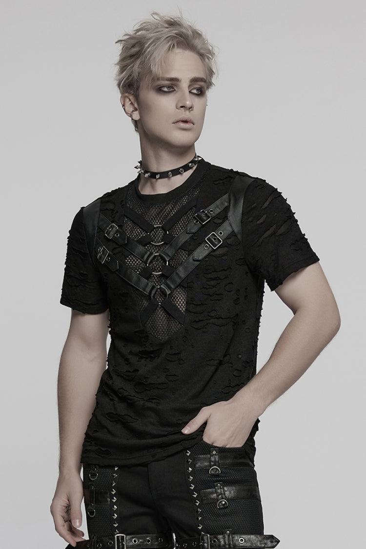 Black Short Sleeves Stitching Mesh Ripped Strap Punk T-shirt