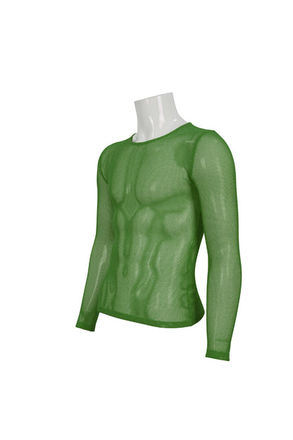 Green Elasticity High Neck Long Sleeve Mesh Gothic T-shirt