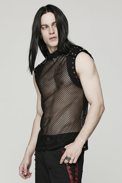 High Collar Sleeveless Rivet Decoration Sheer Mesh Steampunk Vest 2 Colors