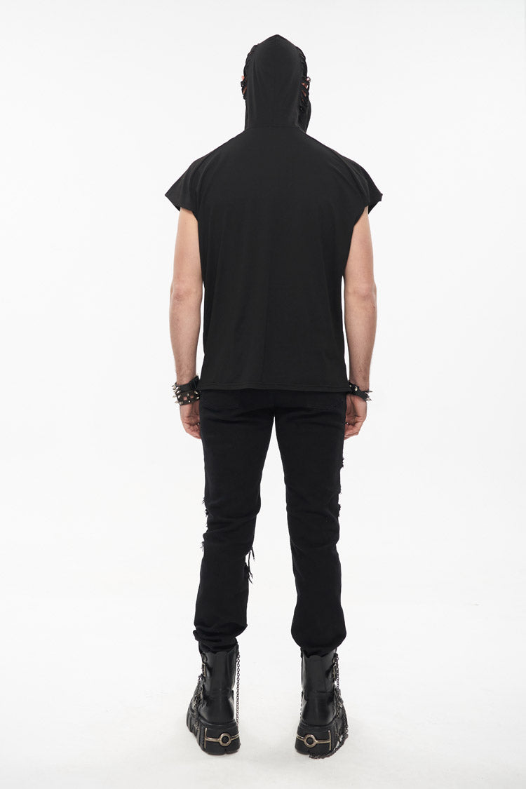 Black Skull Print Super High Neck Masked Rivet Hole Hooded Short Sleeve Punk T-shirt