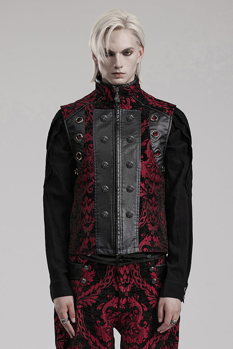 Black/red Stand Collar Jacquard Print Stitching Metal Ring Decoration Gothic Vest